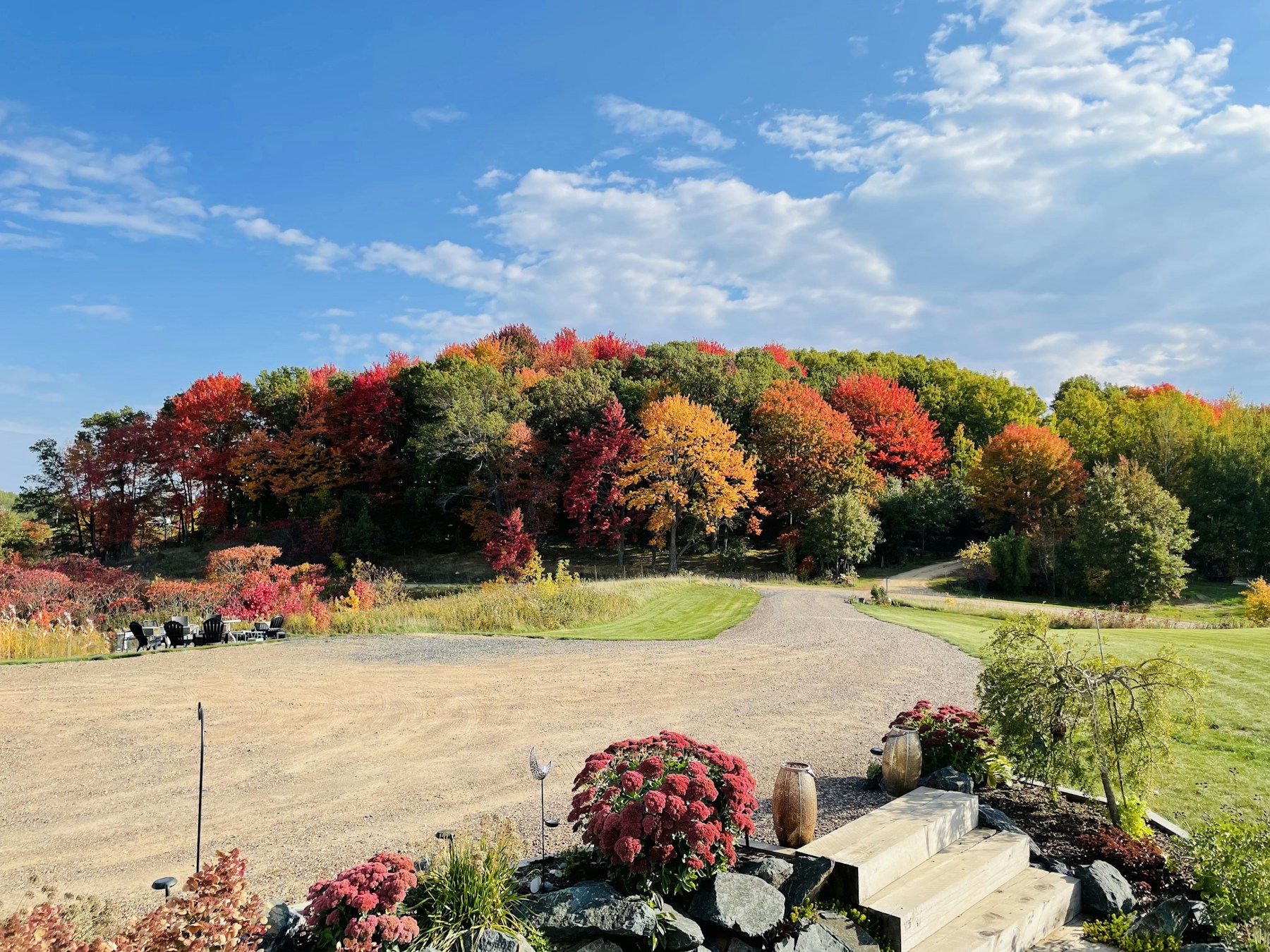 Bunte Herbstbäume und Sträucher säumen einen ruhigen Gartenweg